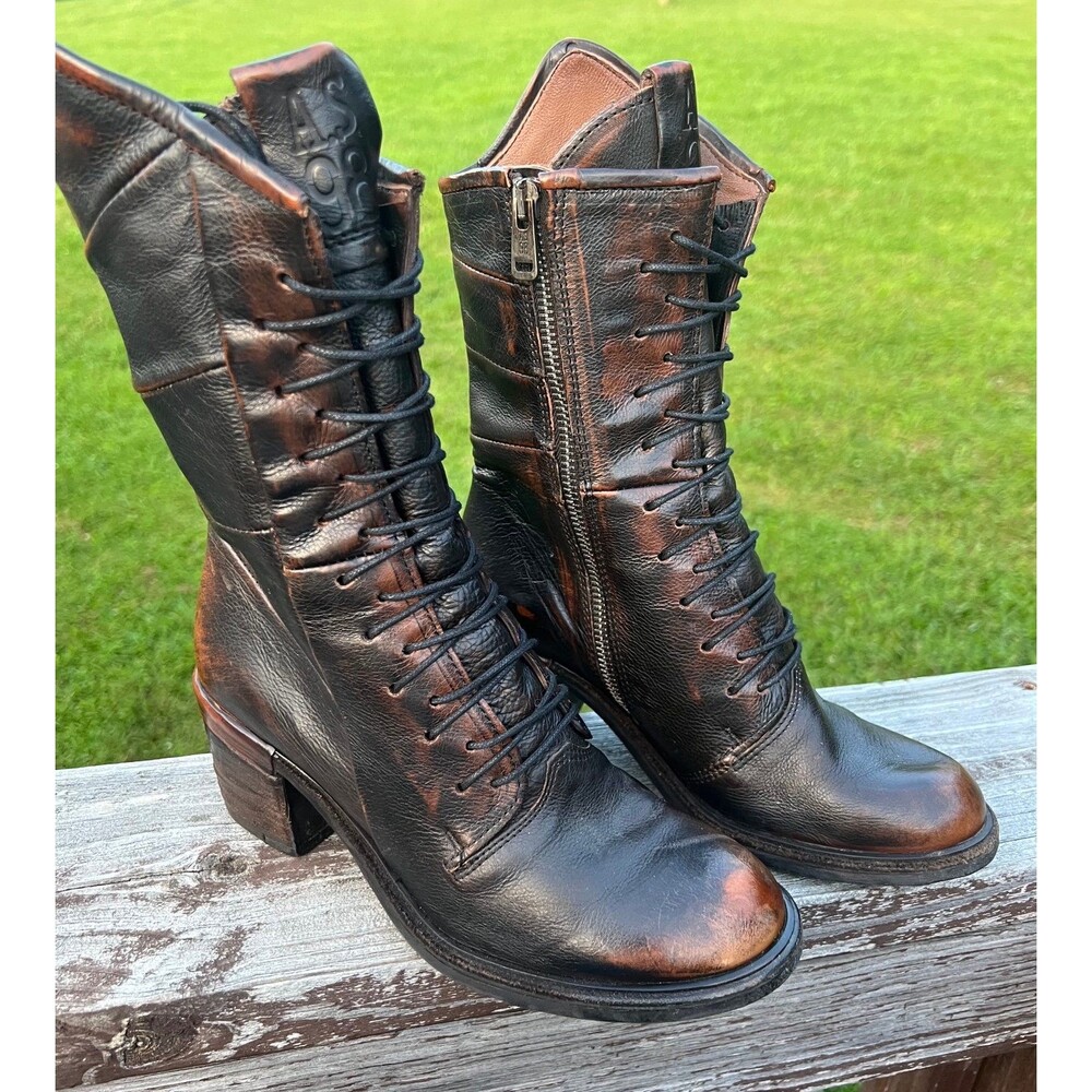 A.S. 98 Women's Distressed Brown Leather Lace-Up Combat Moto Boots Side Zip 37
